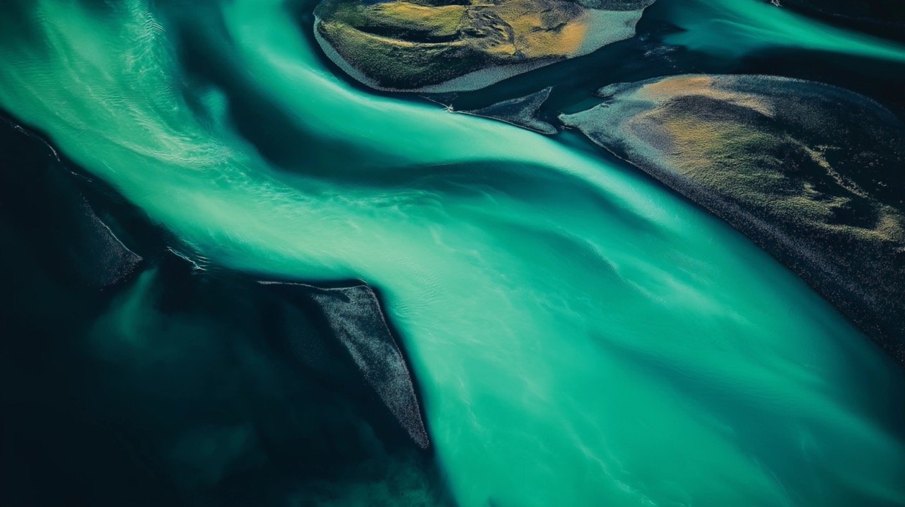 Icelandic Emerald Glacial Rivers Captured from Helicopter, Abstract Nature and Aerial Landscape Image