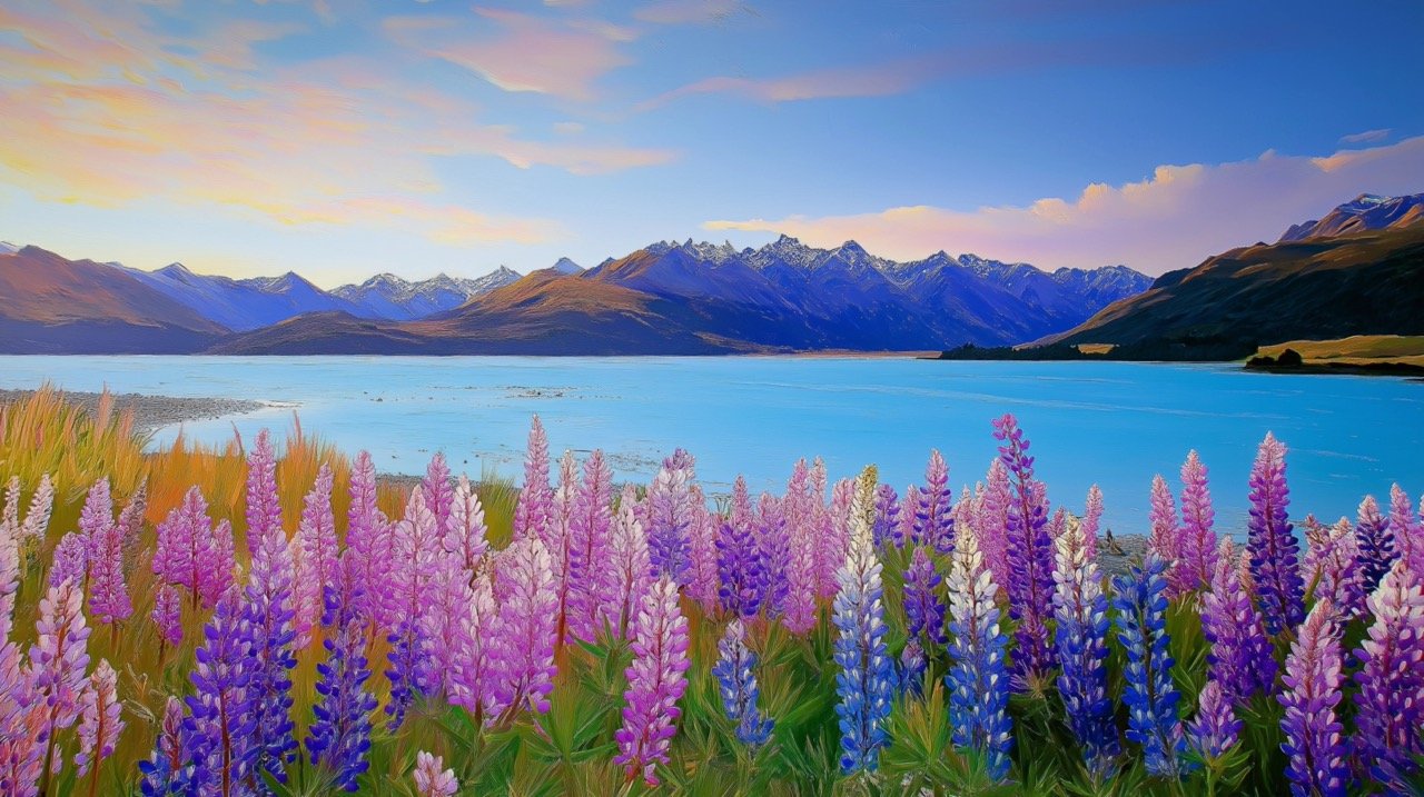 Lake Tekapo’s Lupins in New Zealand, Scenic Nature Photography Showcasing Vibrant Landscapes and Stunning Views