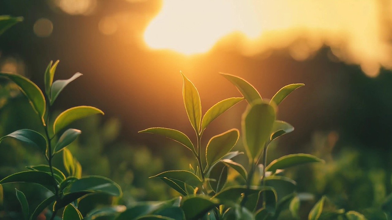 Morning Sunlight on Green Tea Leaves, Organic Camellia Sinensis Farm with Fresh Buds and Natural Beauty