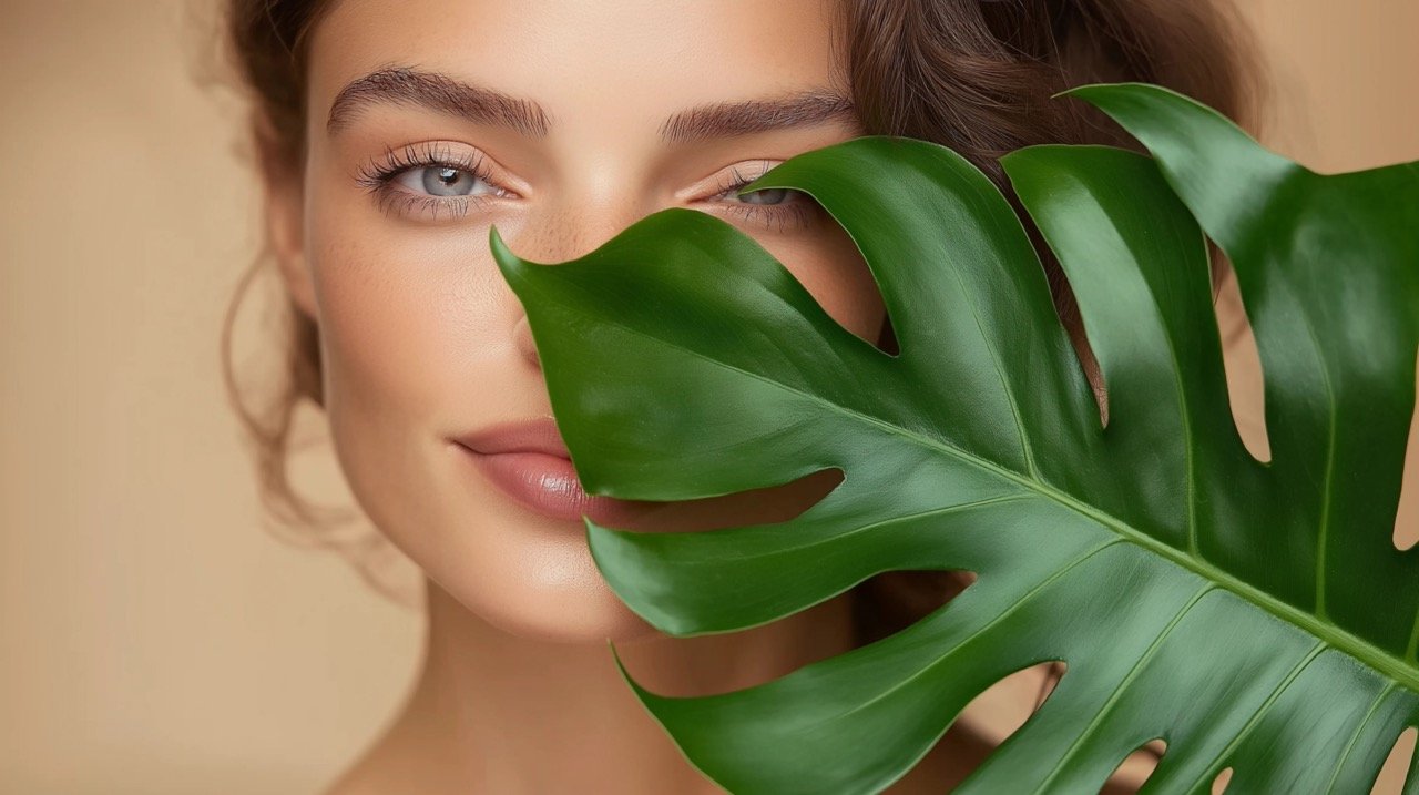 Natural Beauty Woman Covering Her Face with a Tropical Leaf, Stunning Skin and Nature Photo