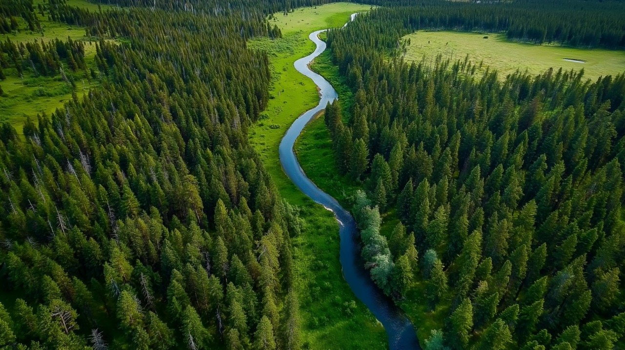 Nature Stock Photo Aerial View of Pine Forest, Blue River, and Lush Green Scenery