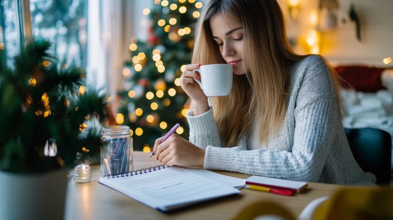 New Year’s Day Young Woman Writing Resolutions and Goals on Note Paper with Cup