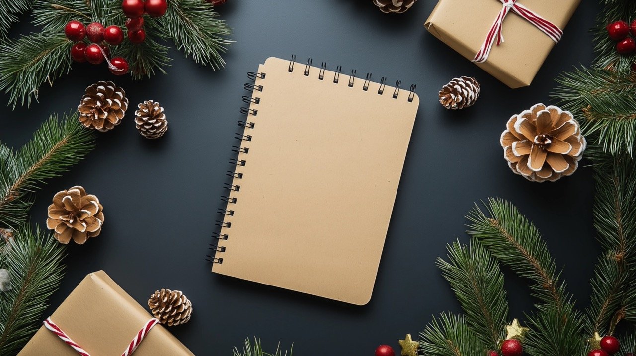 Notebook Centered Among Christmas Decorations Perfect Stock Photo for Holiday Art and Craft Projects