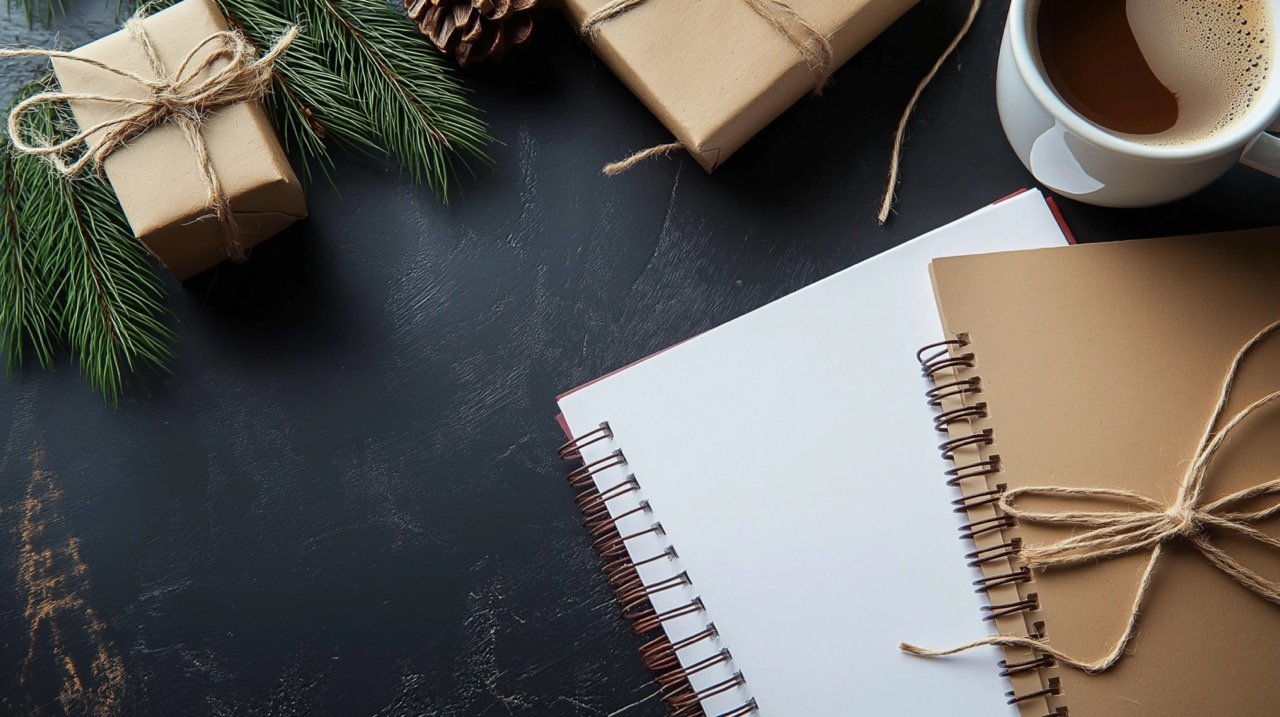 Notebook, Coffee Cup, and Gifts on Black Background Perfect Stock Photo for Inspiration and Productivity