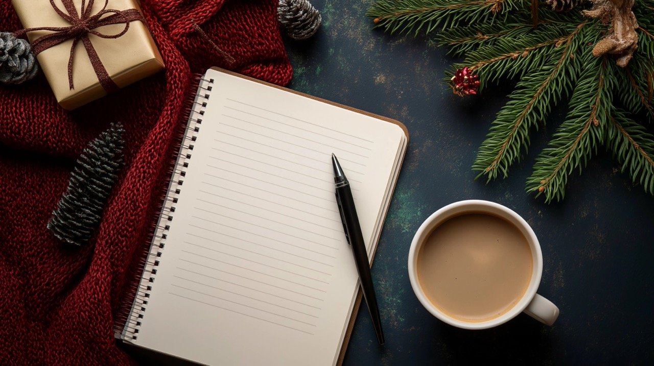 Notebook with Pen, Coffee Cup, and Christmas Tree Top View Stock Photo for Holiday Concept