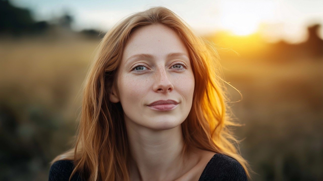 Outdoor Portrait of a Young Woman, Showcasing Natural Beauty, Mental Wellness, and Tranquil Scenic Surroundings