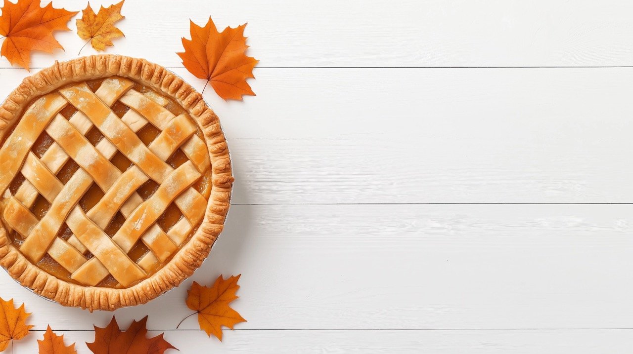 Pumpkin Pie on White Table Surrounded by Autumn Leaves for Fall Season Inspiration