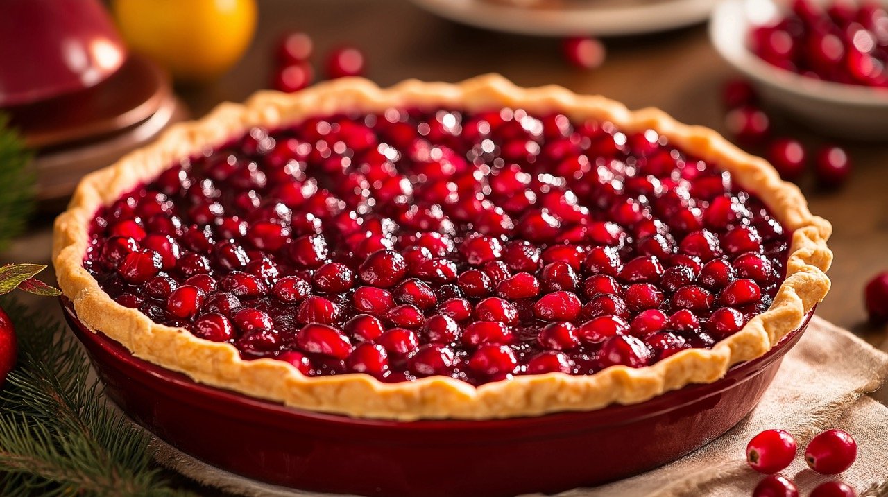 Red Pomegranate Seeds in Bowl Next to Rustic Cranberry Pie for Fall Holiday Dessert Display