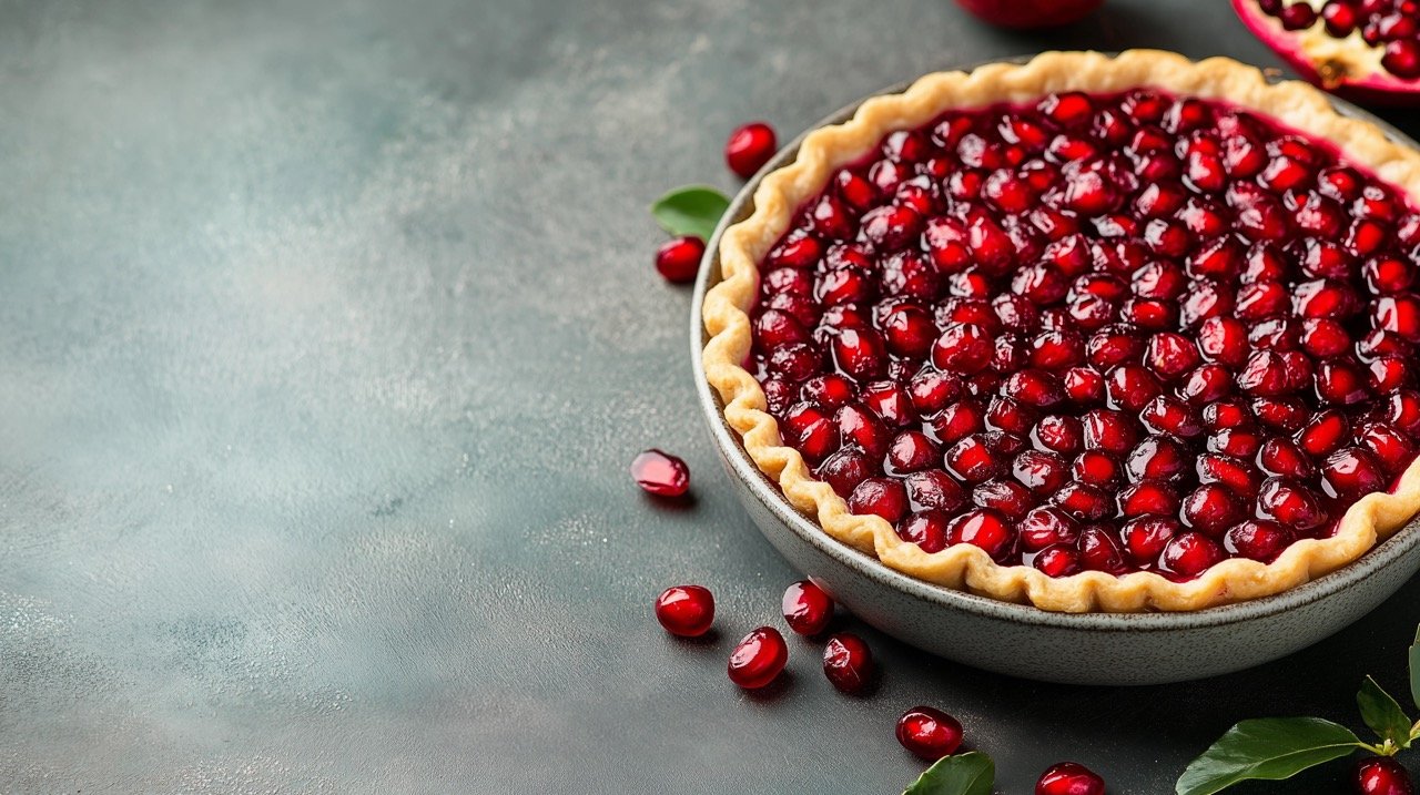 Rustic Cranberry Pie with Red Pomegranate Seeds in Bowl, Perfect for Fall Dessert Inspiration