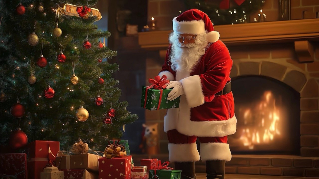 Santa Claus delivering gifts under the Christmas tree for holiday celebrations