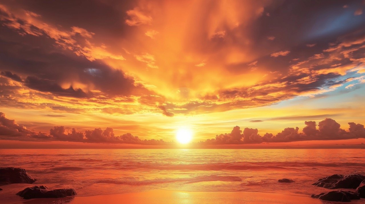 Spectacular Sunset on the Indian Ocean, Featuring Orange Sky, Clouds, and Serene Beach Landscape