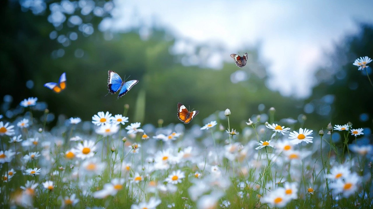 Springtime Daisy Meadow with Butterflies, Capturing the Beauty of Nature, Flowers, and Blue Skies