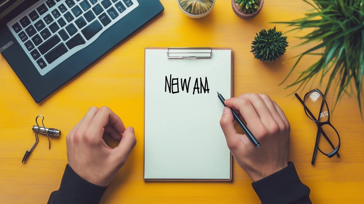 Stock Photo of New Year Resolutions Young Man Writing Aspirations on Notepad at Colorful Desk