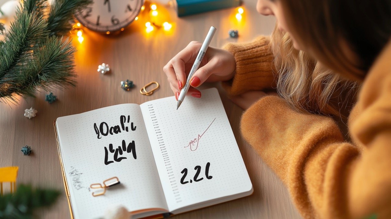 Stock Photo of Woman Writing New Year Goals in 2021 Notebook for Aspirations and Planning