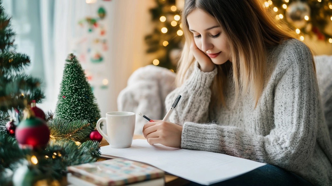 Stock Photo of Young Woman Writing New Year’s Resolutions and Goals on Paper with Cup