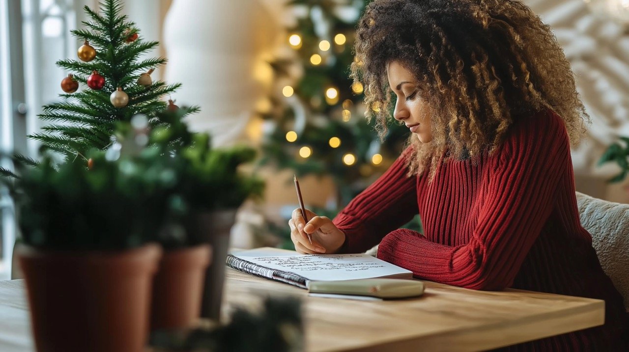 Stock Photo of Young Woman Writing New Year’s Resolutions in Diary at Home Office Desk