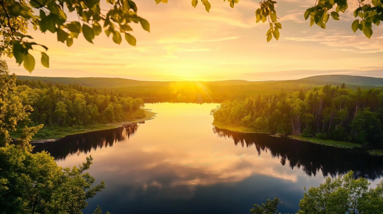 Stunning Sunrise Over a Tranquil Lake, Surrounded by Forest, River, and Scenic Natural Landscape Views