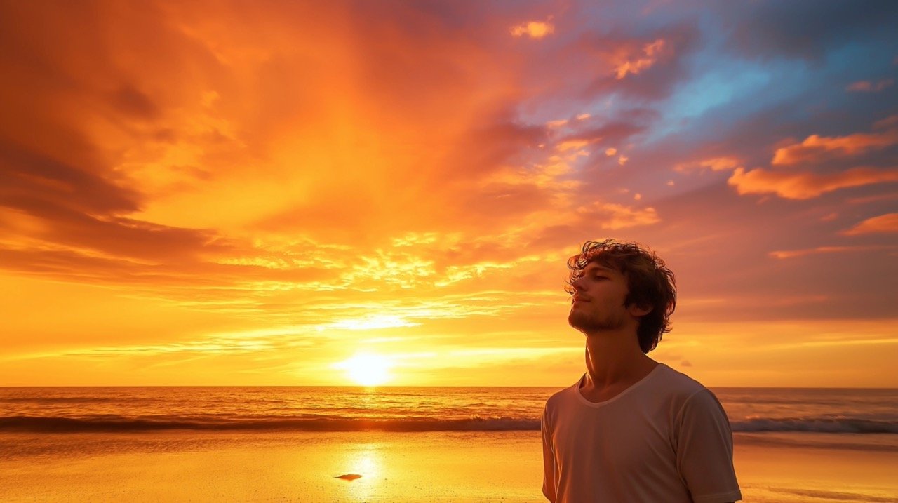 Stunning Sunset Over the Indian Ocean, Capturing Vibrant Orange Skies, Clouds, and Beach Beauty