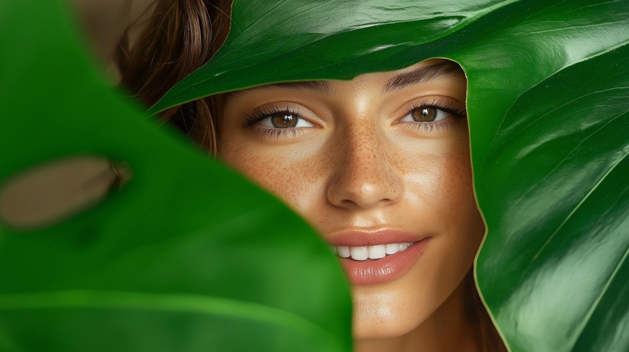 Stunning Woman Covering Face with Tropical Leaf, Celebrating Natural Beauty and Glowing Skin Outdoors