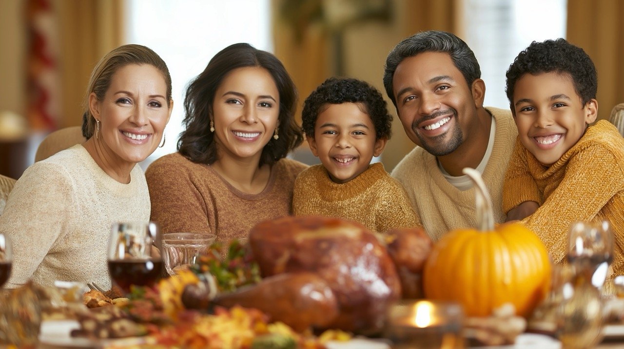 Thanksgiving Celebration with Multiracial Family Gathered Around Dining Table for Festive Meal Stock Image