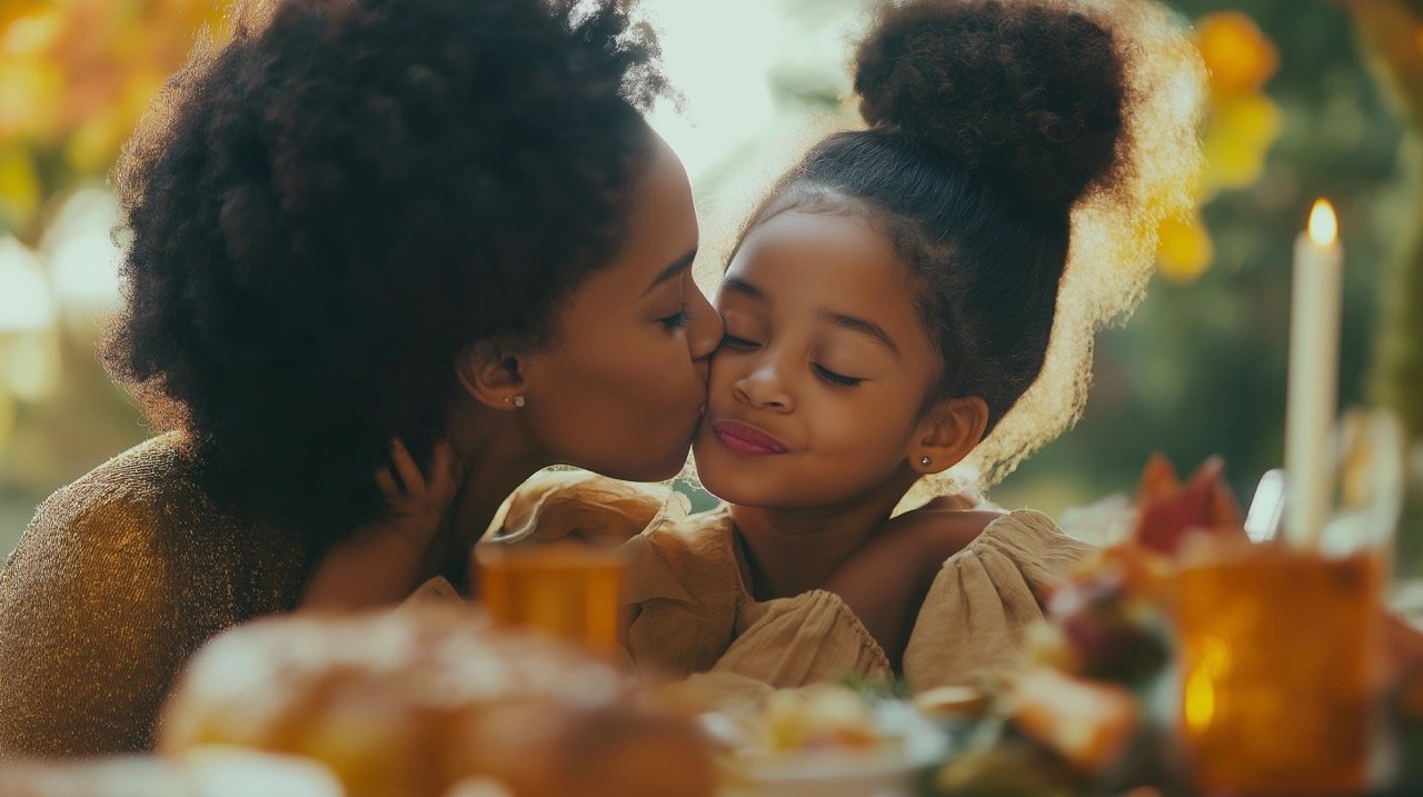 Heartwarming Thanksgiving Scene of African-American Girl Kissing Her Mother During Family Dinner Celebration