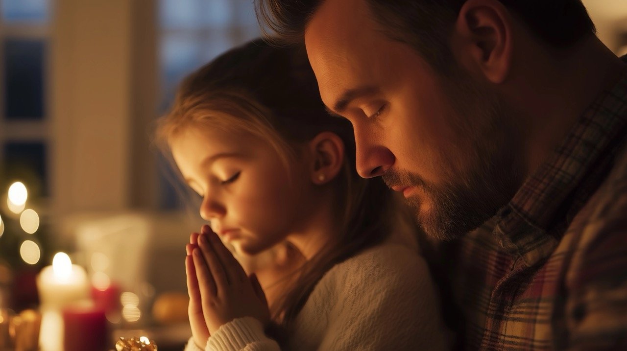 Thanksgiving Meal Grace Father and Daughter Praying Together at Dining Table During Family Celebration