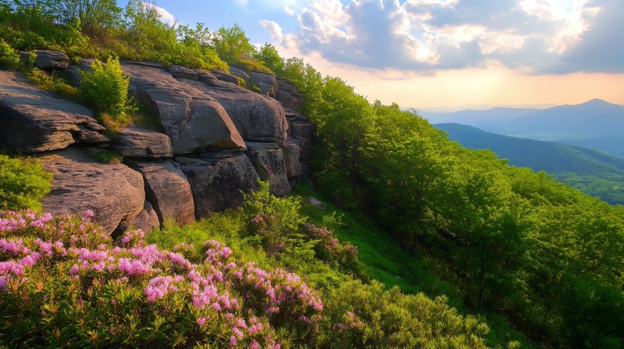 The Craggies, Blue Ridge Mountains in North Carolina, Showcasing Scenic Springtime Landscape and Nature Beauty