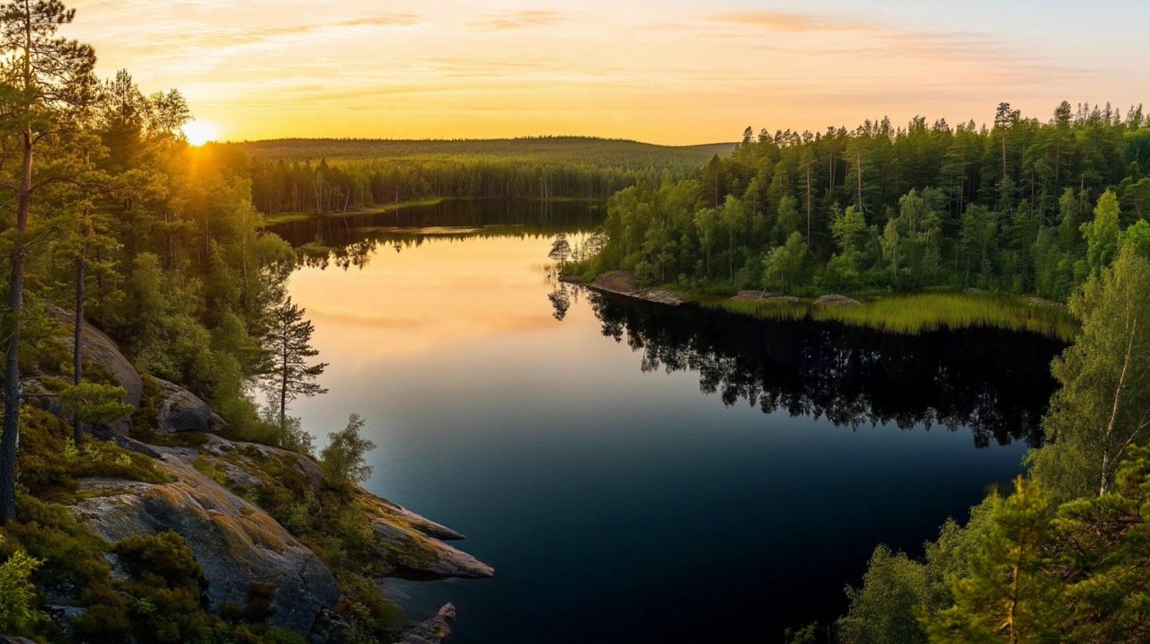 Tranquil Sunrise Over a Lake, Surrounded by Forest, River, and Scenic Water Landscape in Nature