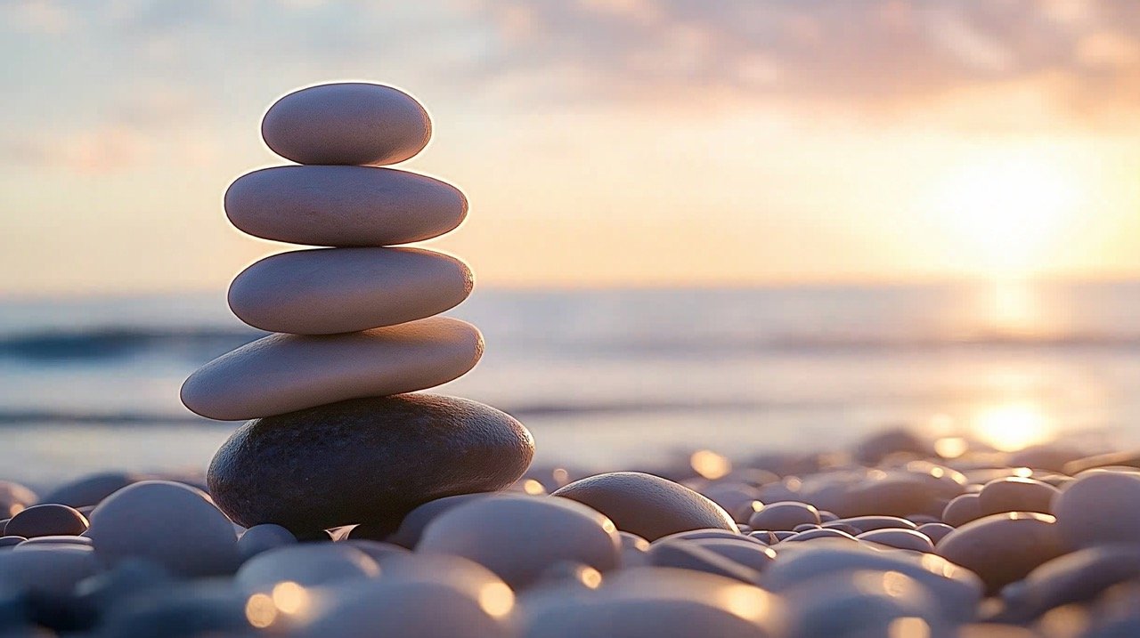 Tranquil Sunset Scene with Balanced Stones on Pebble Beach, Zen-like Nature Rock Stock Photo