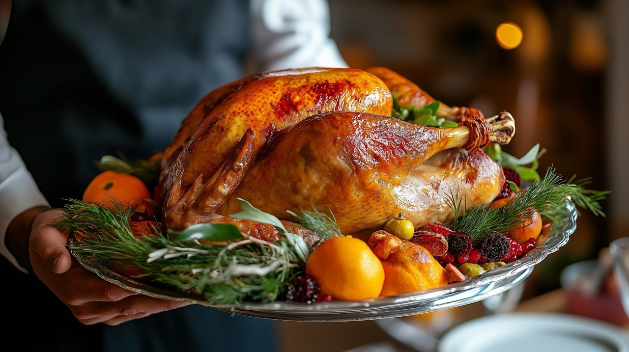 Unrecognizable Black Father Serving Thanksgiving Turkey to Family in Dining Room for Holiday Celebration