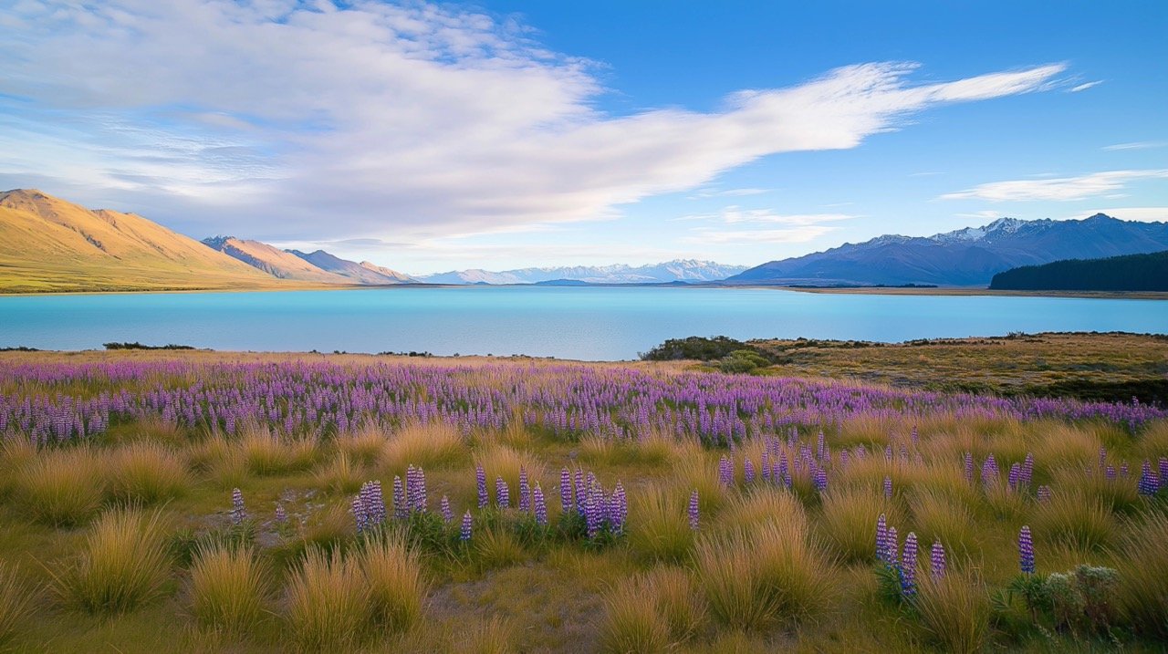 Vibrant Lupins of Lake Tekapo, New Zealand, Scenic Natural Beauty and Captivating Landscape Photography