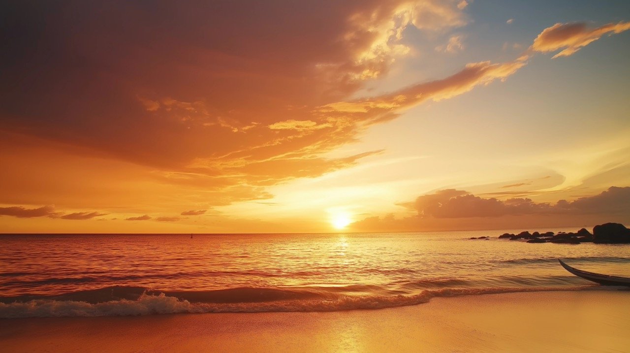 Vivid Sunset Over the Indian Ocean, Highlighting Vibrant Orange Skies, Clouds, and Peaceful Beach Scenery