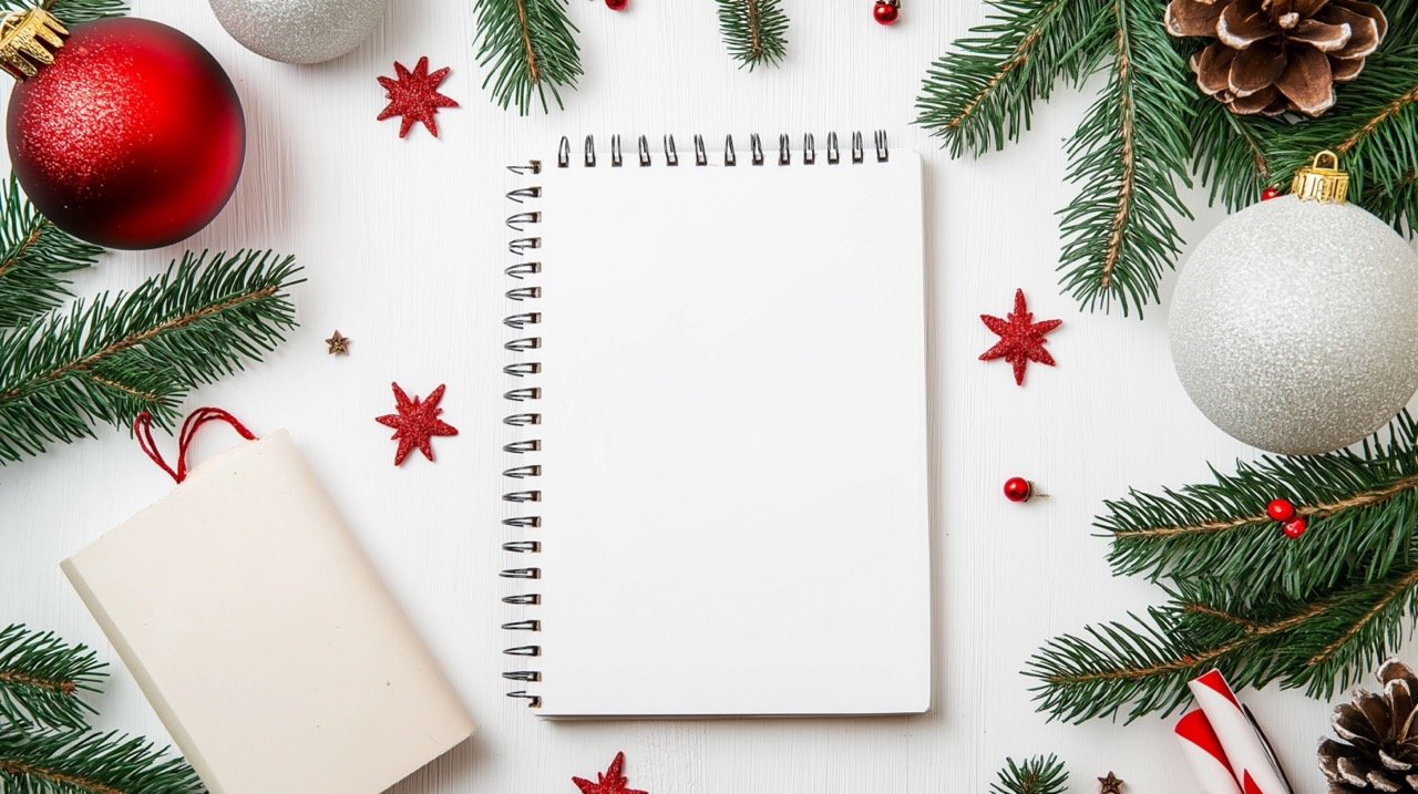 White Christmas Background Featuring Notepad and Festive Details Stock Photo for Holiday Inspiration