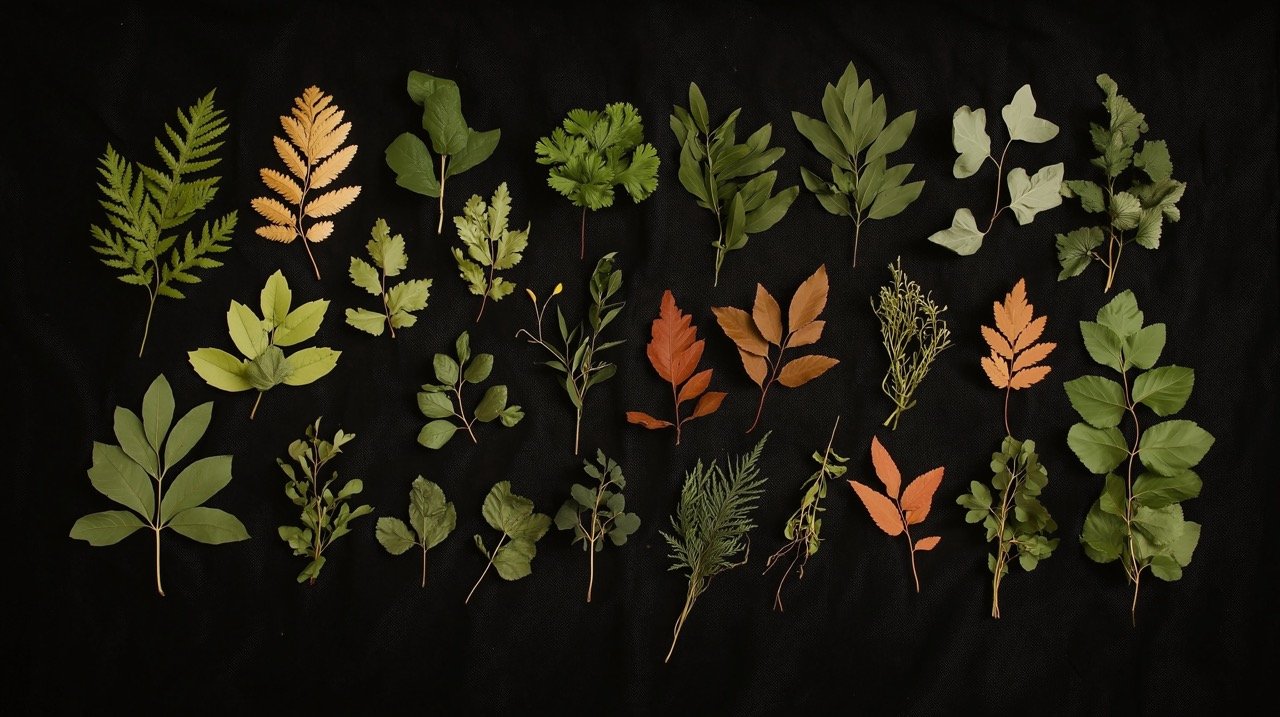 Winter Leaves and Vegetation on Black Fabric Collected and Arranged Display from Michigan Walk