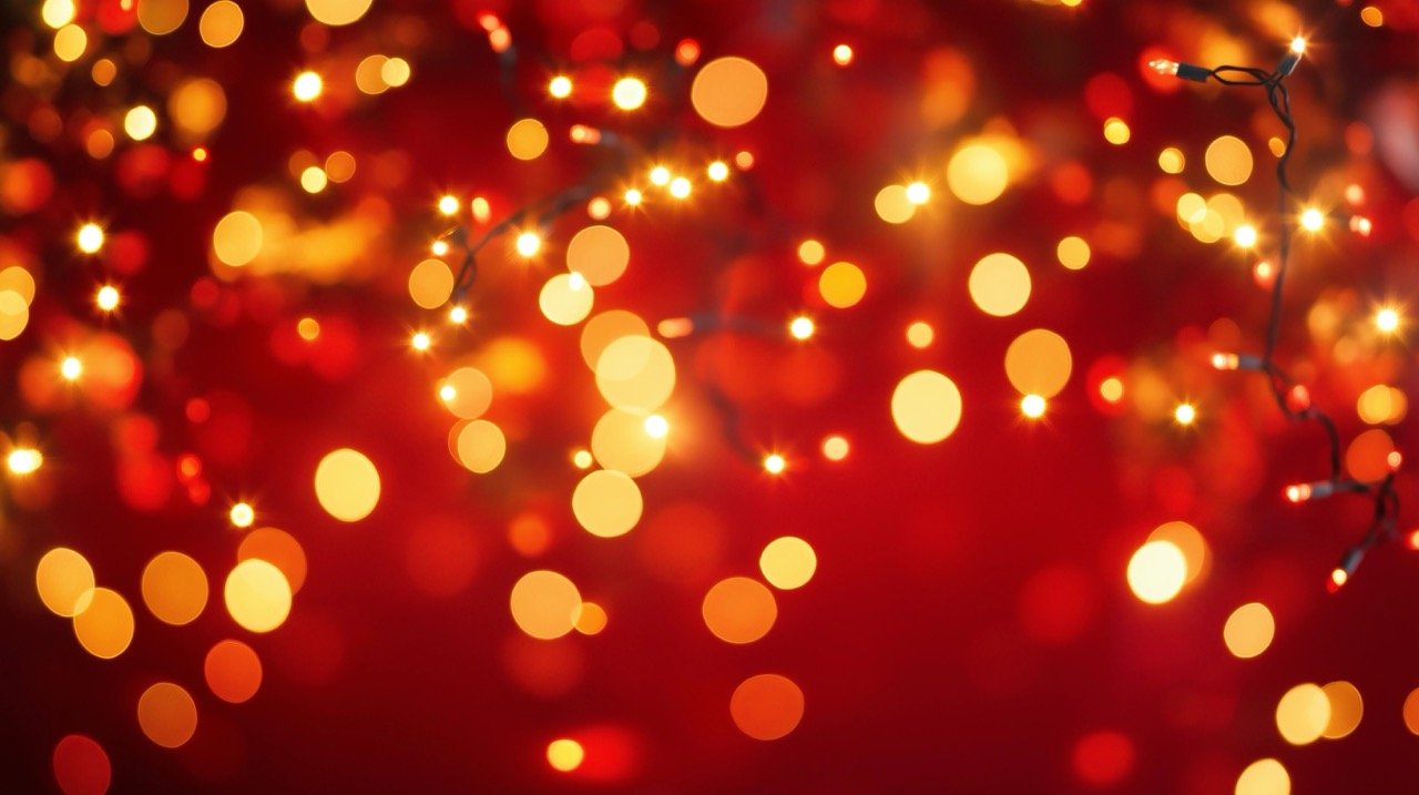 Yellow and orange bokeh lights illuminating on red background, symbolizing Christmas and New Year celebrations