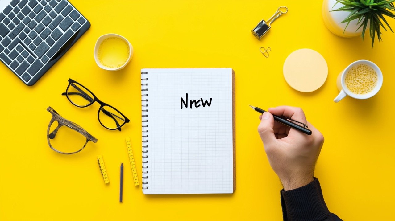 Young Man Writing New Year Resolutions Goal-Plan-Action Concept Stock Photo with Colorful Desk Setup