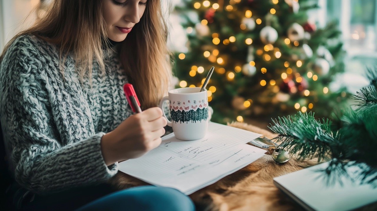 Young Woman Writing New Year’s Goals on Paper with Cup, New Year Resolutions Concept