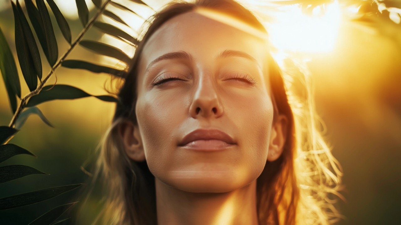 Young Woman’s Outdoor Portrait, Highlighting Beauty, Calmness, Mental Well-being, and Connection with Nature’s Tranquility