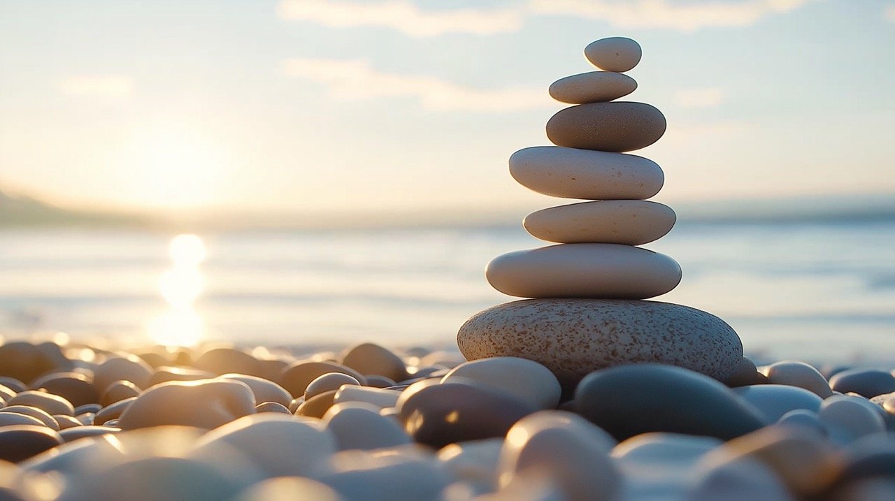 Zen-like Balanced Stones on a Pebble Beach at Sunset, Tranquil Nature Stock Photo