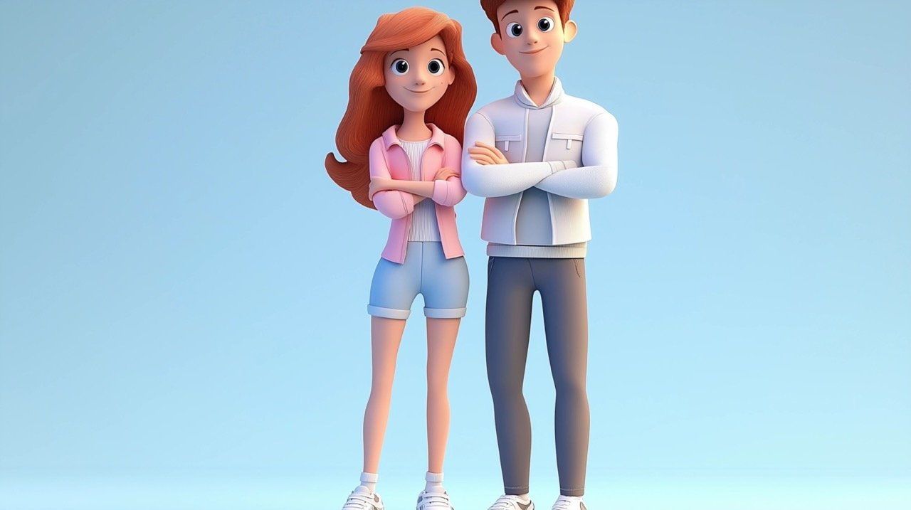 3D Cartoon-Like Young Couple Rendering Premium Stock Image for Romance and Couple-Themed Designs