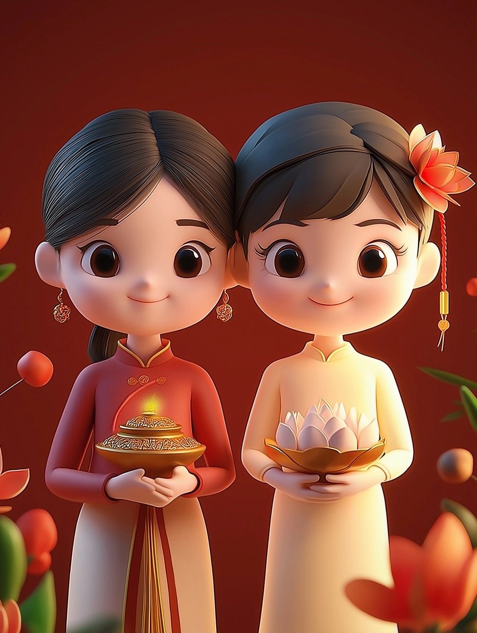 3D Portrait of Couple for Tet Vietnamese New Year Celebration Premium Stock Image for Cultural Promotions