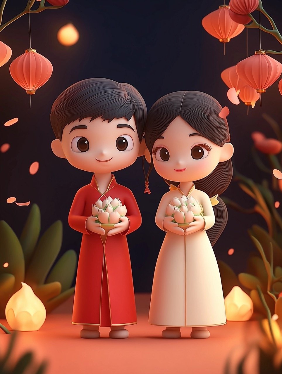 3D Portrait of Couple for Tet Vietnamese New Year Celebration Stunning Stock Image for Cultural Events