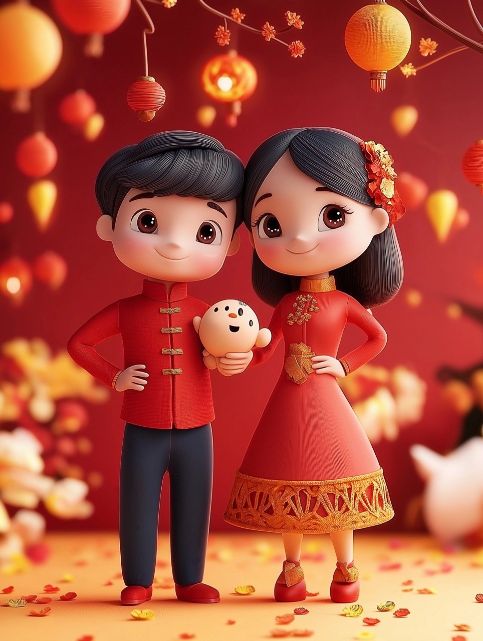 3D Portrait of Couple for Tet Vietnamese New Year Perfect Stock Image for Celebrations and Creative Projects