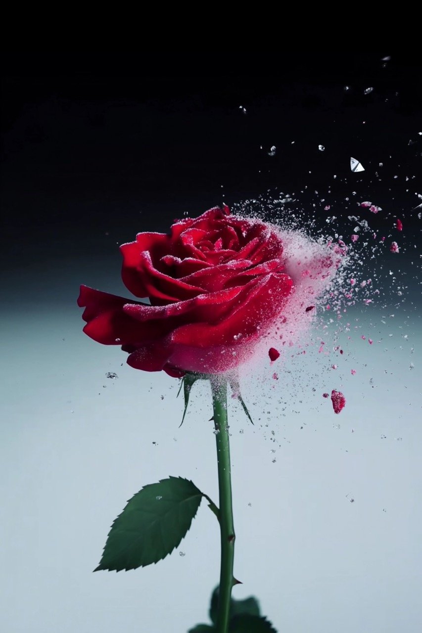 4K Slow Motion Video of Frozen Red Rose Shattering, Capturing Floral Beauty in Destruction