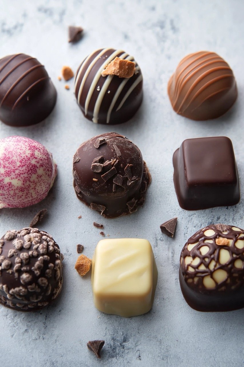 A mix of chocolate pralines and truffles, ideal for gifting or satisfying sweet cravings.