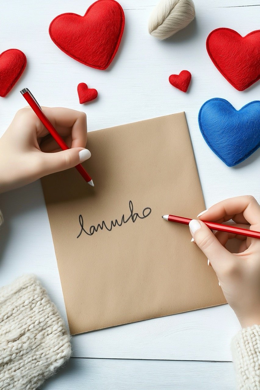 A woman writing on craft paper with Valentine’s Day gift, red and blue hearts beside it.