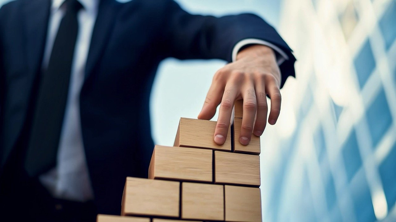 Achievement Concept with Businessman Climbing Using Fingers to Represent Success, Financial Assistance, and Banking Growth.