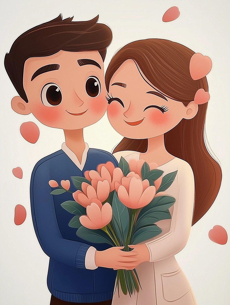 Adorable Cartoon Couple with Flowers Generative AI Art for Romantic, Heartwarming, and Celebration-Themed Projects