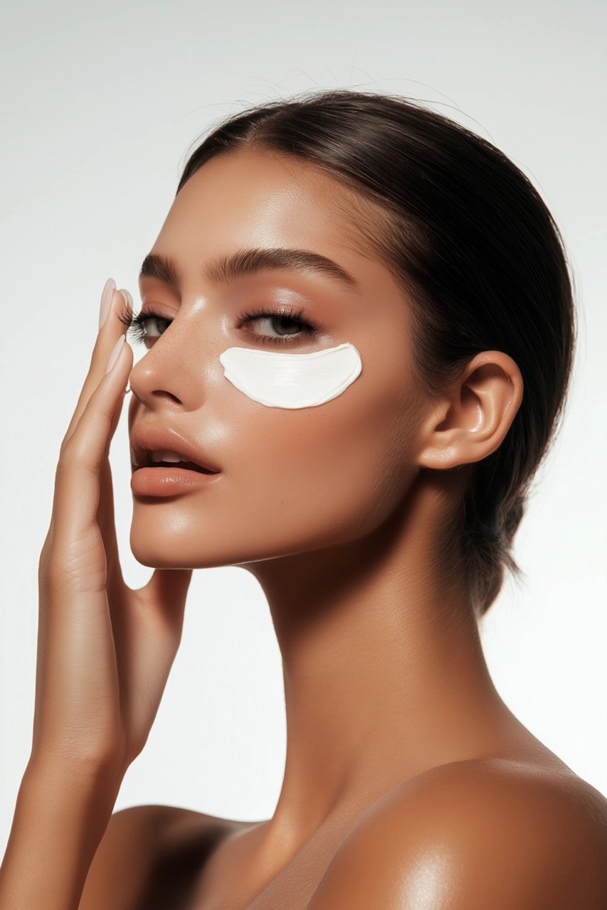 Advertising Photo of Woman Applying Cream with Eye Patches on White Background for Skin Care