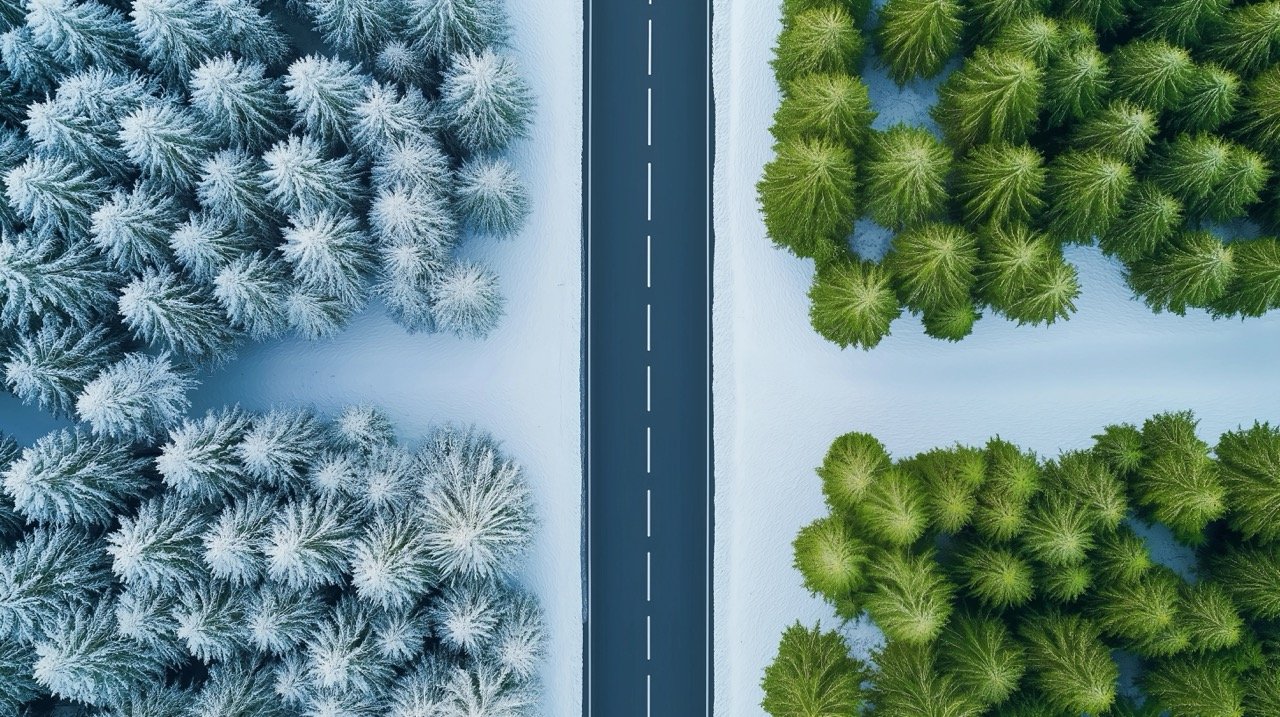 Aerial perspective of a highway road winding through the forest in both summer and winter seasons.